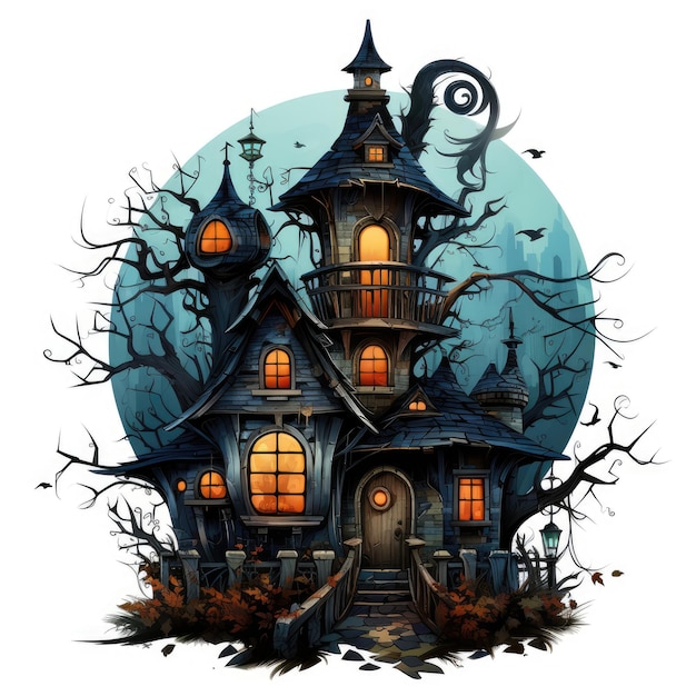 castle night moon vector sticker halloween cute tattoo design illustration art print scary pumpkin
