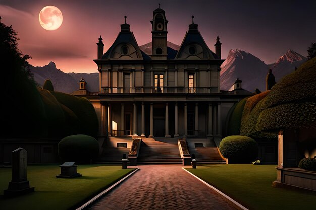 A castle in the night with the moon behind it