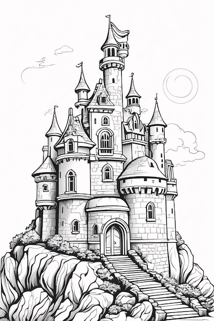 Castle on the Rocky Mountain Line Kunst met de hand getekend Kawaii kleurboek illustratie