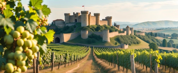 Photo castle overlooking vineyards with ripe grapes