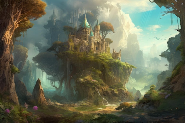 A castle perched on top of a lush green hillside Cloud palace in fairy tale fantasy style Generative AI