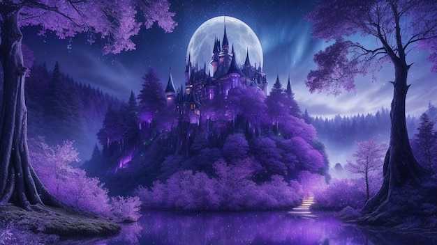 A castle on a purple background with purple trees and purple castle in the background.