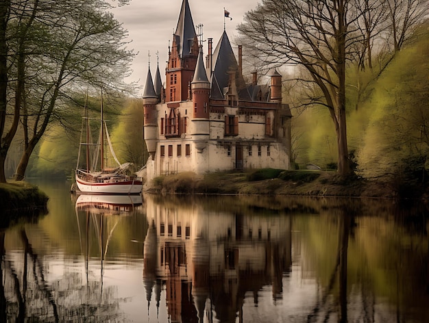 Foto castello sulla stampa d'arte della parete del fiume