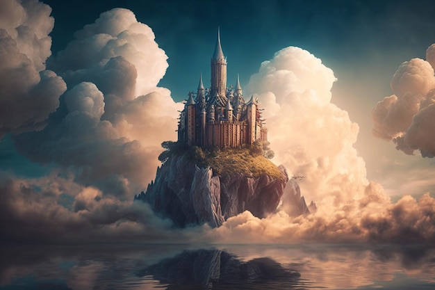 A castle on a rock in the ocean