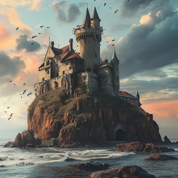 a castle on a rocky island