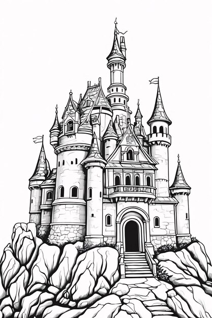 Castle on The Rocky Mountain Line Art Hand Drawn Kawaii Coloring Book Illustration