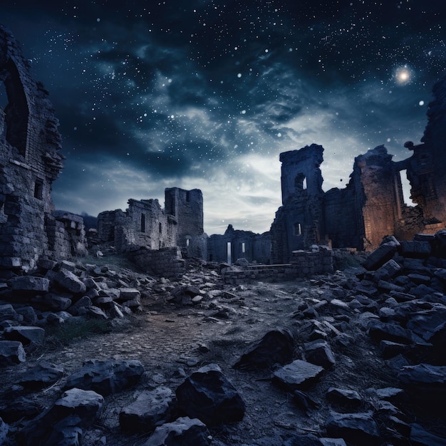 Castle ruins under starry sky