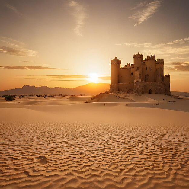 Photo a castle in the sand with the sun setting behind it