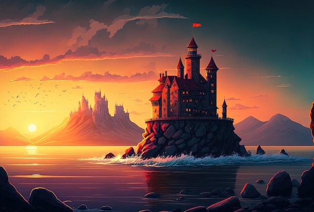 A castle on the sea at sunset in the summer