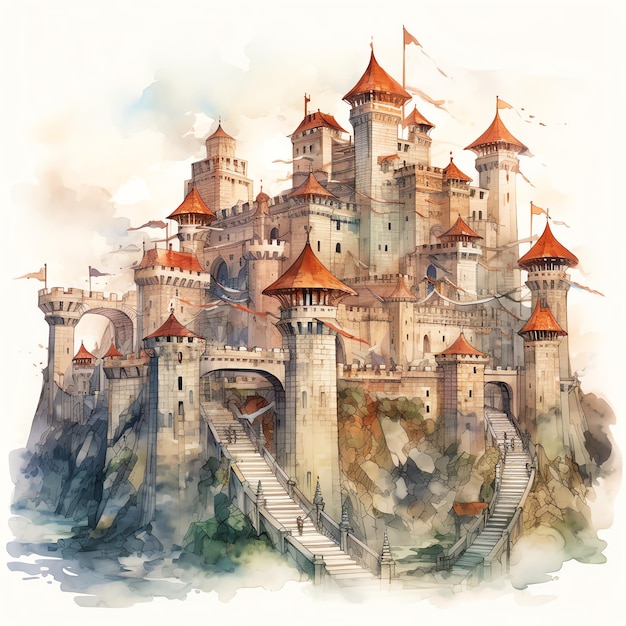 Castle siege Medieval watercolor fantasy