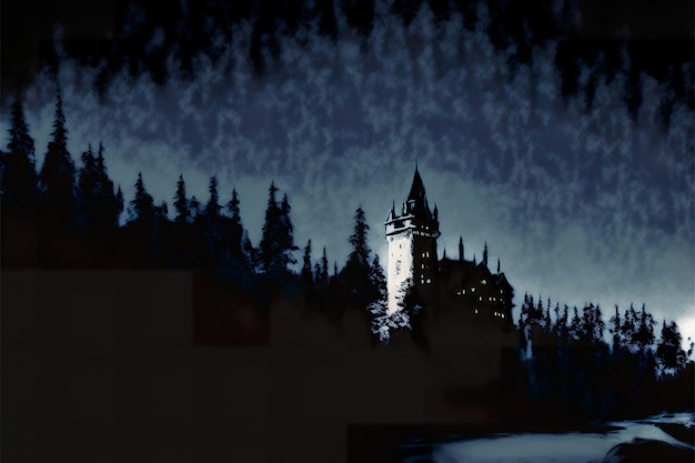 Castle silhouette in winter at night illustration