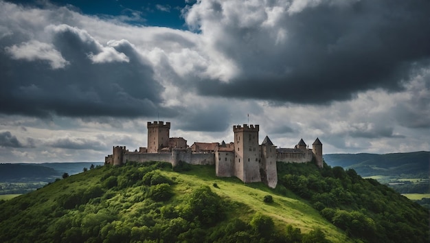 Photo a castle sits on a hill with a cloudy sky above it