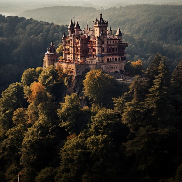 a castle sits on a mountain with trees in the background