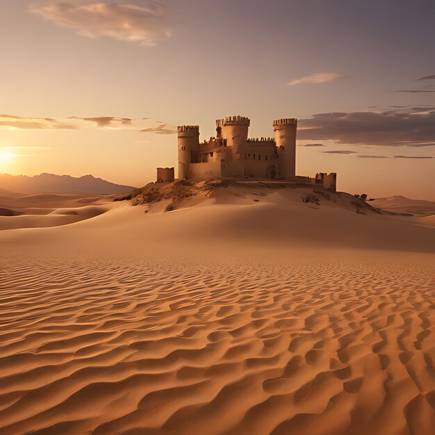 Photo a castle sits on a sand dune at sunset