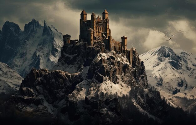 A castle sitting in front of some mountains in the style of chiaroscuro effects