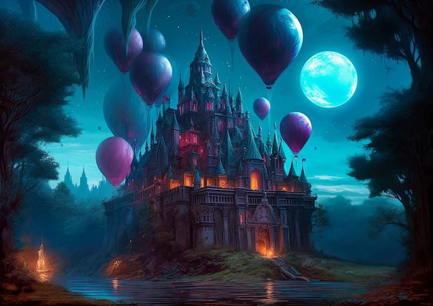 A castle in the sky with balloons