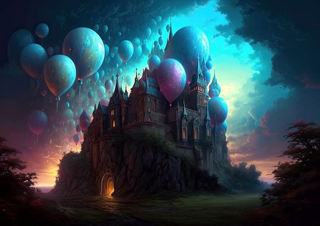 Castle in the sky with balloons