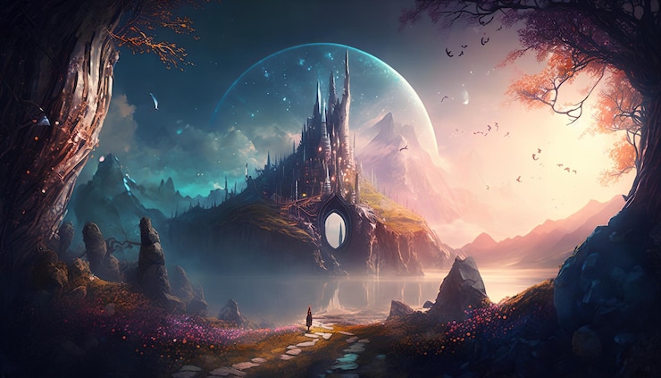 Photo a castle in the sky with a giant planet in the background