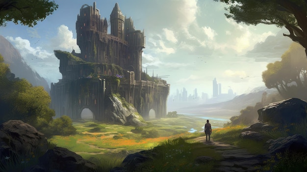 A castle in the sky with a man standing in front of it.