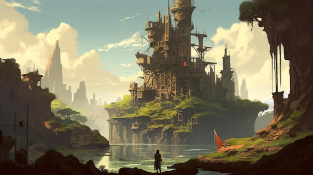 A castle in the sky with a man standing in front of it.