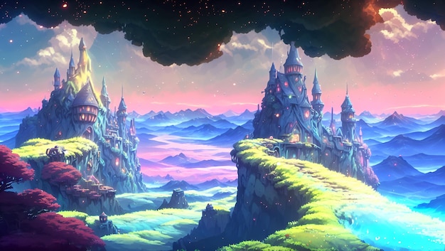 紫色の空と背景に城がある空の城。