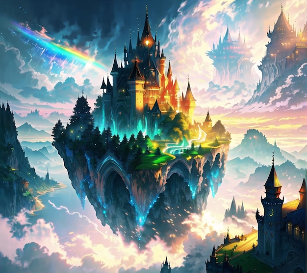 A castle in the sky with a rainbow on it