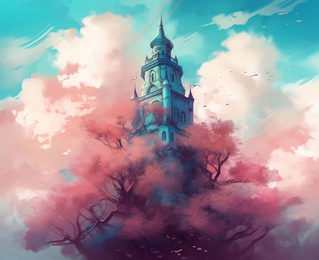 A castle in the sky with the tree in the foreground