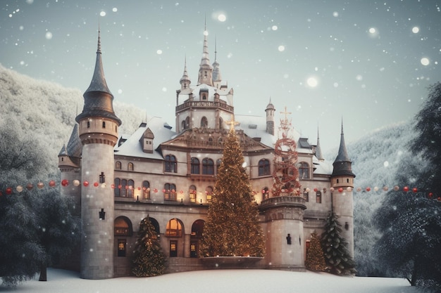 A castle in the snow with christmas lights