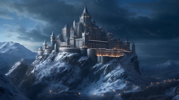 Castle on a snowy mountain in the rain