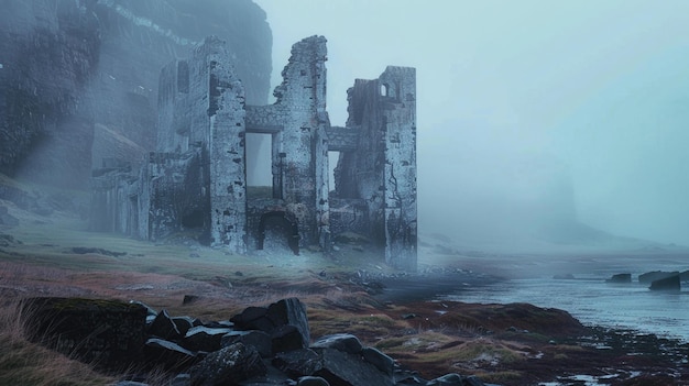 Photo a castle standing tall in a misty landscape suitable for travel brochures