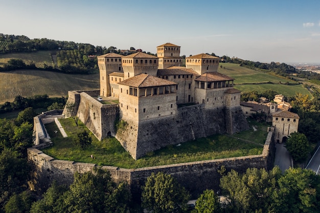 Castle of Torrechiara in Italy. Aerial view