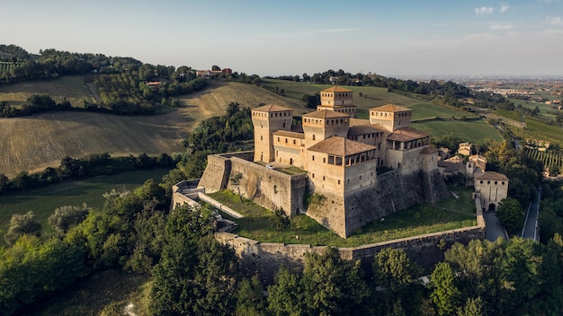 Castle of Torrechiara in Italy. Aerial view