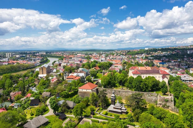 Castle in uzhgorod aerial panorama city view