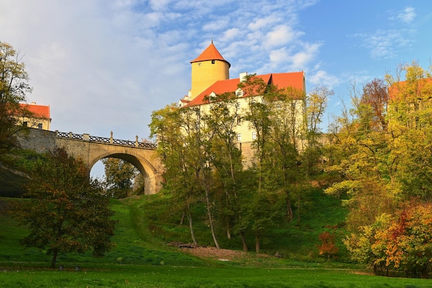 Castle Veveri City of Brno Czech Republic Europe Beautiful autumn landscape with castle Brno dam and sunset at the golden hour Autumn season October