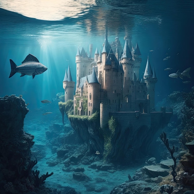 Photo a castle under water with fish and coral generative ai