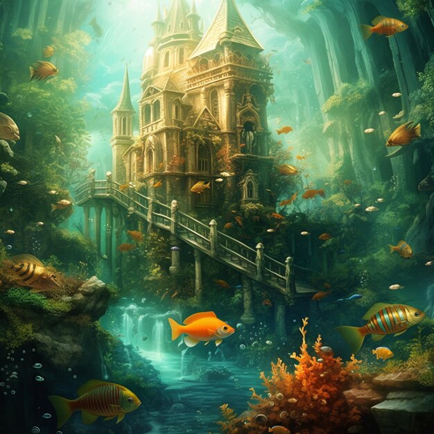 A castle in the water with a fish on it