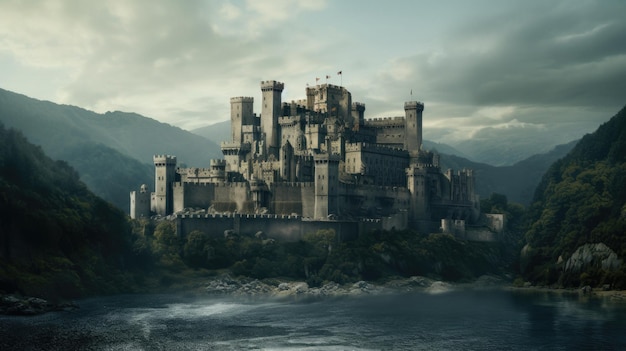 Photo castle on the water with mountains in the background