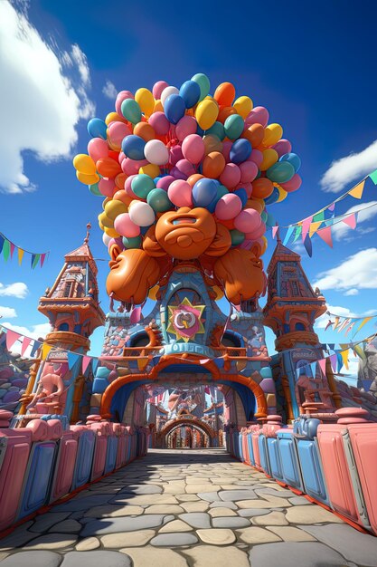 a castle with balloons and a lion head on it