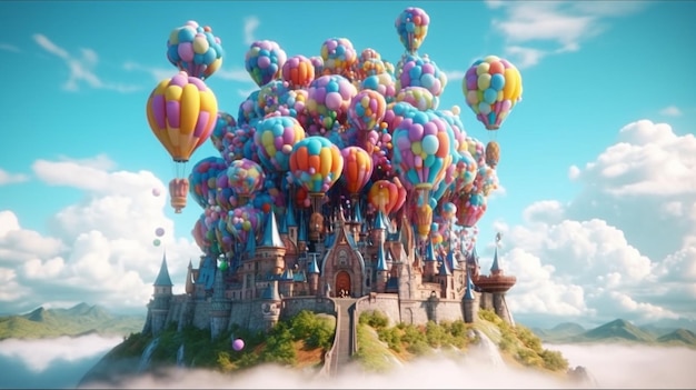 Photo a castle with balloons in the sky