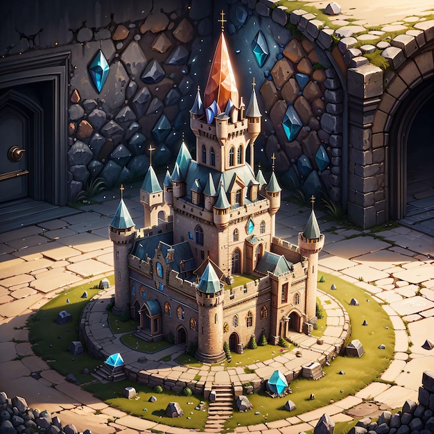 A castle with a blue roof sits in a circle surrounded by rocks.
