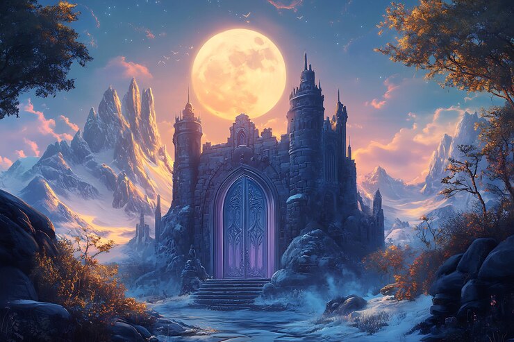 Photo a castle with a castle on the top and a full moon in the background
