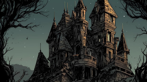 Castle with creepy cobwebs comic book style digital art illustration generative AI