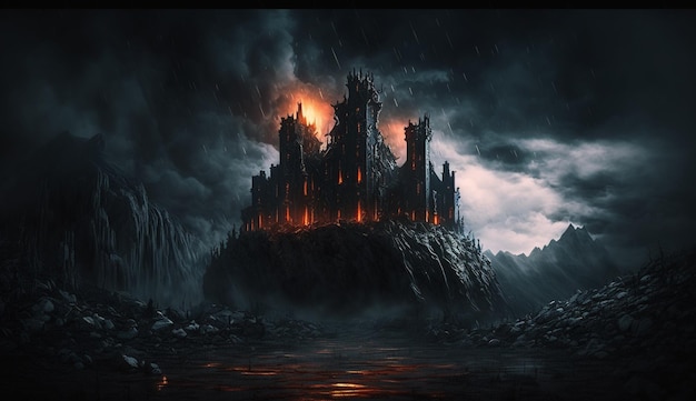 Замок с фантастическим видом облачно и туманно
