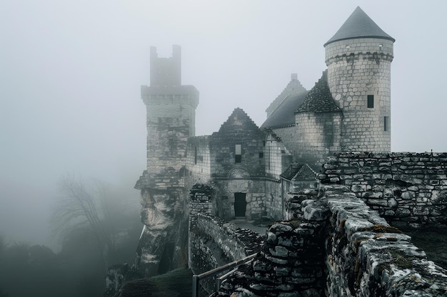 A castle with a foggy sky in the background