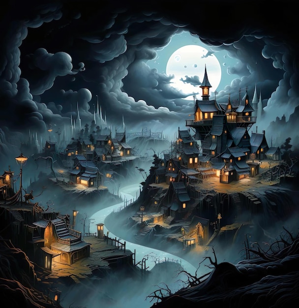 A castle with a full moon in the background illustration Painting