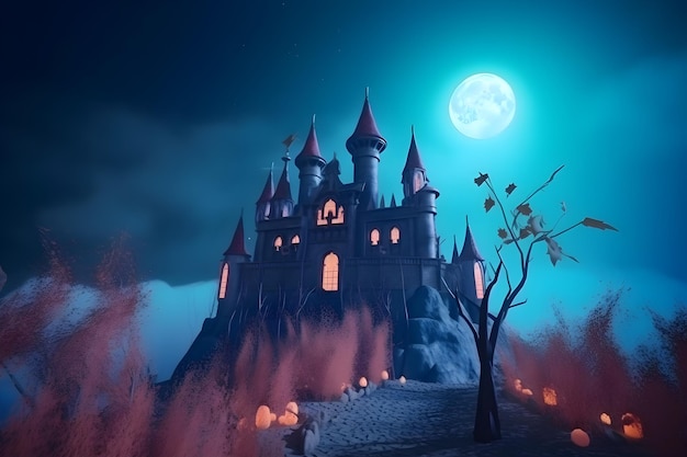 A castle with a full moon in the background