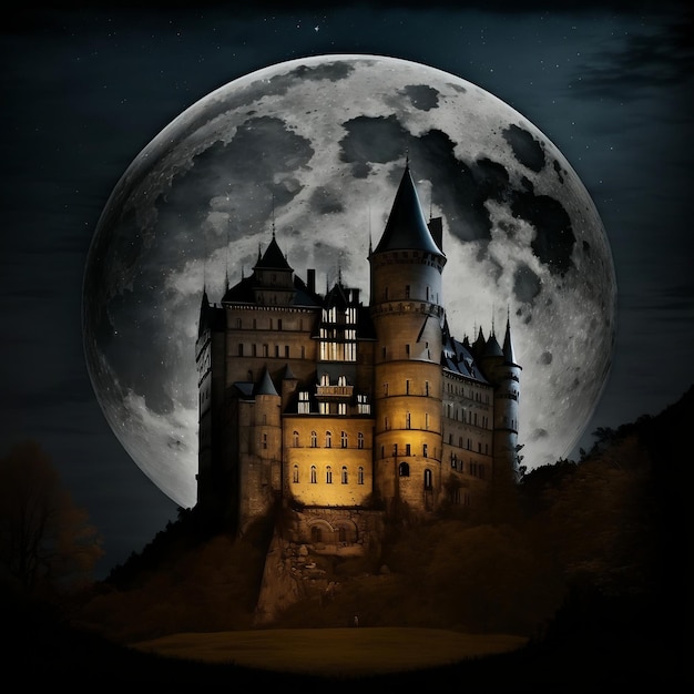 A castle with the moon in the background