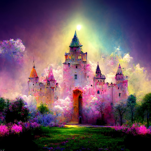 ピンクとブルーの背景と上部に「魔法」の文字が描かれたお城。