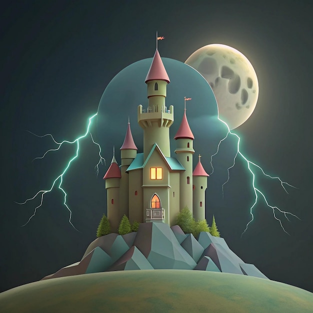 a castle with a pink castle on the top of it