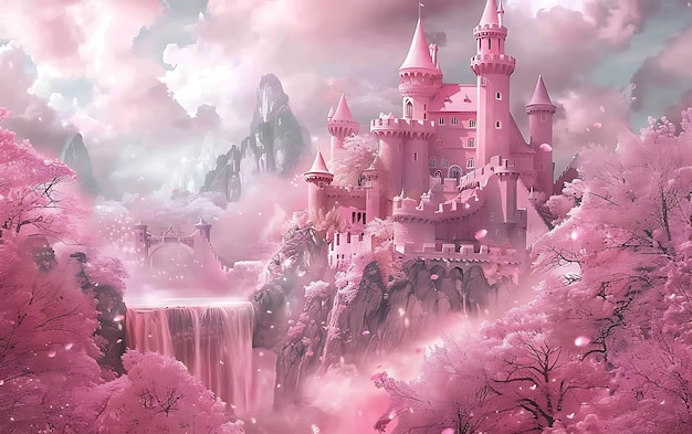 a castle with pink castle on the top of it